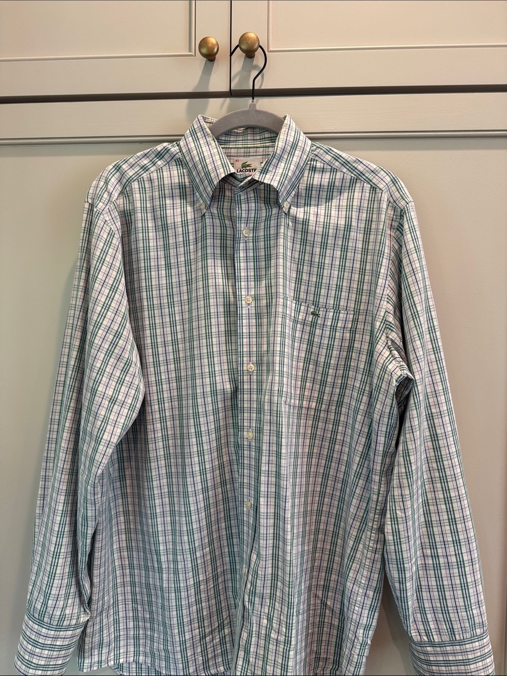 Lacoste Men's White and Green Plaid Button-Up Shirt
